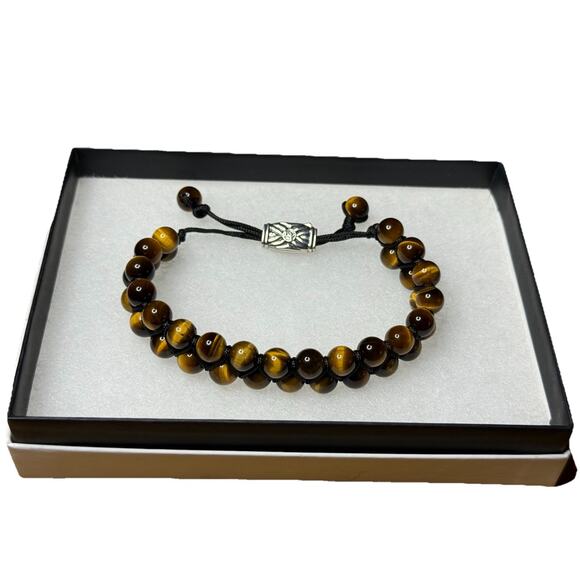 David Yurman Mens Spiritual Beads Two Row Tiger’s Eye Bracelet Adjustable Silver - Picture 1 of 6